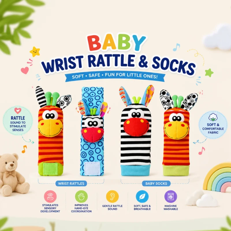Wrist Rattle and Socks – Motorik & lek – Babyrasslor (4-pack)